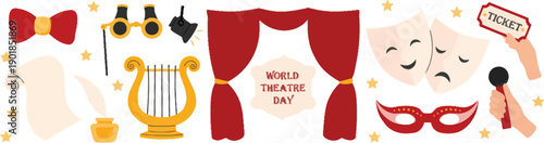 World Theatre Day celebration with stage, masks, bow tie, binoculars, lyre, and script elements