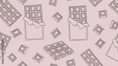 Fun seamless pattern of hand drawn chocolate bars and broken pieces in outline style on a light pink background.