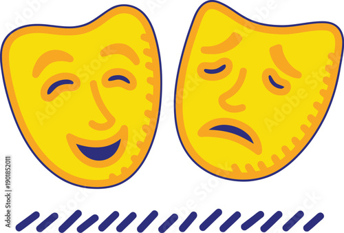 Bright yellow theatre masks, one smiling and one frowning, against a clean background with subtle graphic elements