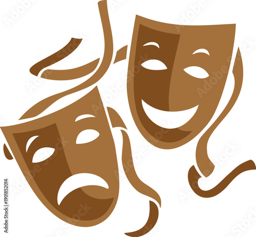 Brown theatre masks for comedy and tragedy, stylized with flowing ribbons, representing the arts and performance