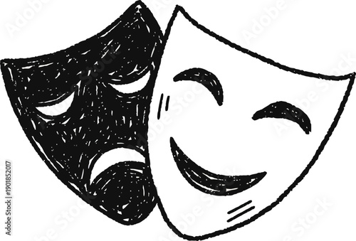 Hand-drawn doodle of black and white comedy and tragedy theatre masks, symbolizing emotions and drama