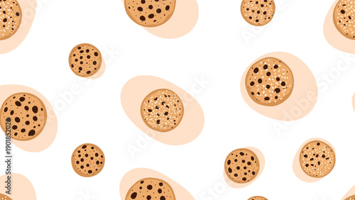 Delicious seamless pattern featuring chocolate chip cookies on soft orange abstract blobs over a white base.