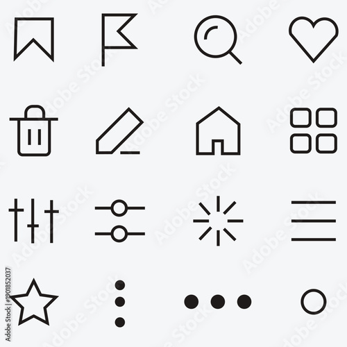Set of minimalist outline icons for interface: save, flag, search, heart, trash, edit, home, grid, settings