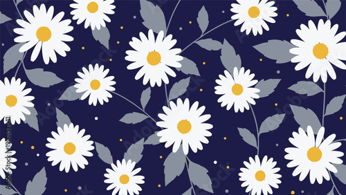 Charming seamless pattern of white daisy flowers and gray leaves scattered on a deep navy blue background.