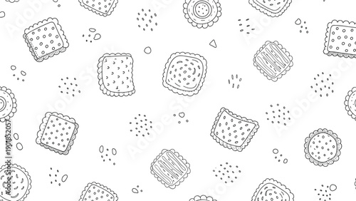 Simple black and white seamless pattern featuring outline drawings of various cookies, biscuits, and crumbs.