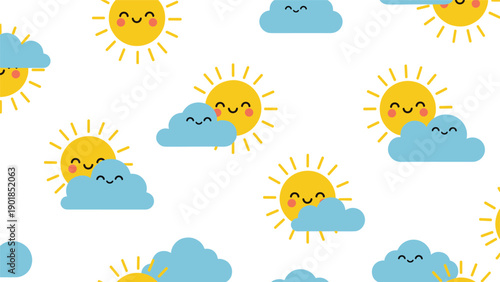 Cheerful seamless pattern featuring cute cartoon suns with happy faces and smiling blue clouds on a white base.