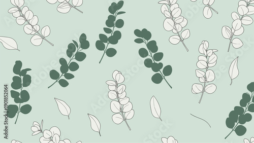 Soothing seamless pattern of eucalyptus branches and leaves in various green tones on a pale sage background.