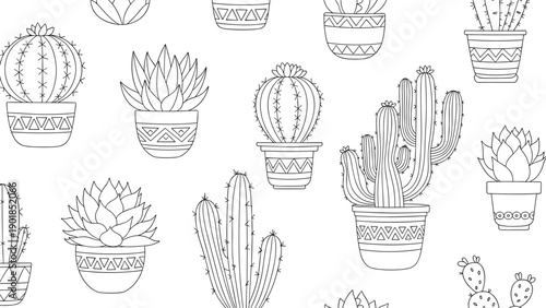 Black and white seamless pattern featuring outline drawings of various cacti and succulents in patterned pots.