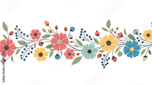 Horizontal floral border illustration with various colorful flowers, berries, and leaves on a clean white base.