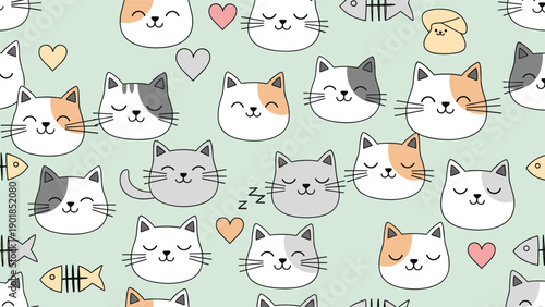 Playful seamless pattern with cute cartoon cat heads, hearts, and fish bones on a light mint green background.