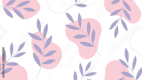 Stylish pastel leaf pattern features purple foliage over organic pink shapes for a modern and feminine aesthetic design.