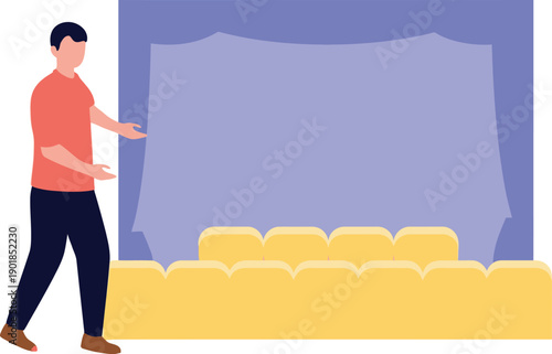 Man Presenting Empty Cinema Screen and Seats - Movie Theater Event Planning