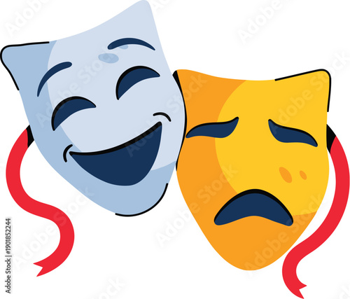 Comedy and Tragedy Theater Masks with Red Ribbons - Performing Arts Symbol