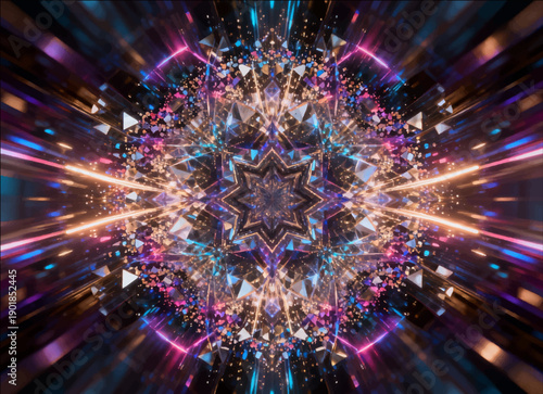 A vector illustration of the effects of a sparkling kaleidoscope of explosions of tiny particles forming symmetrical patterns.