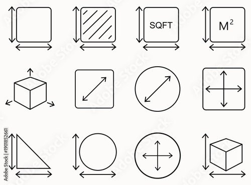 Geometric shapes and measurement icons: square, circle, triangle, cube, dimensions, area, volume, SQFT, M2