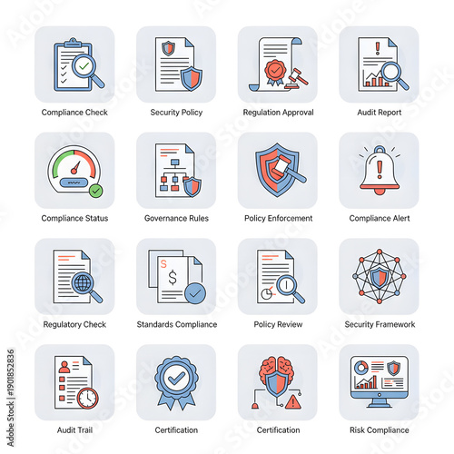 Set of compliance and regulation icons, representing auditing, policy, security, and legal procedures