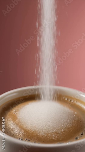 White Granulated Sugar Pouring Into Fresh Cup Of Espresso Coffee