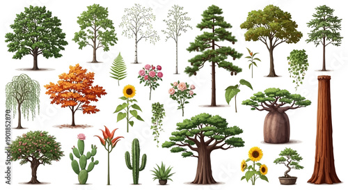 Diverse vector tree and plant collection: oak, maple, pine, willow, cactus, sunflower, rose, fern, bonsai, baobab, isolated on white