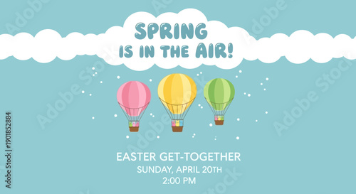 Vector Easter Get-Together invitation with pink, yellow, green hot air balloons, clouds, and text on light blue background