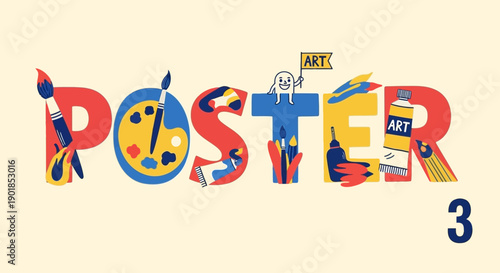 Vector 'POSTER' typography with art supplies: paintbrushes, palette, tubes, character, for creative design, banner, flyer, website