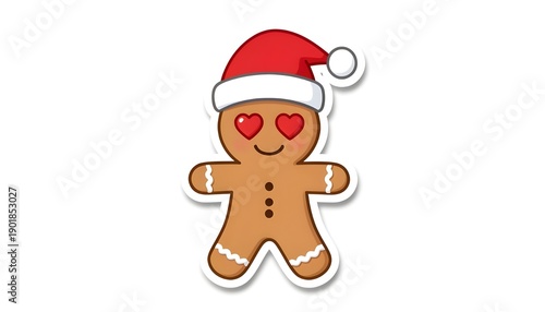 Gingerbread man emoji wearing santa hat with heart eye