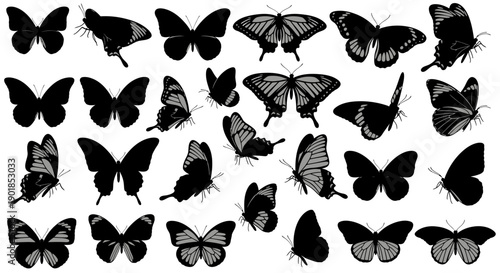 Black butterfly silhouettes vector set, various flying insect shapes, isolated on white