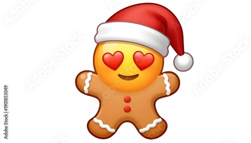 Gingerbread man emoji wearing santa hat with heart eye