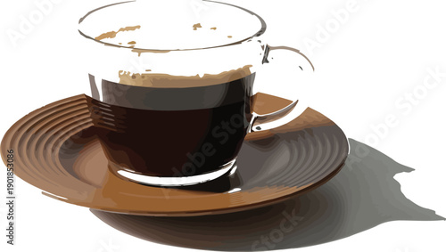 Hot coffee in a clear glass mug on a brown saucer plate