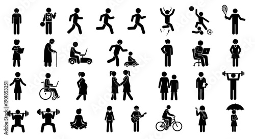 Vector black stick figure people icons set: walking, running, sitting, disabled, pregnant, sports, business, isolated on white