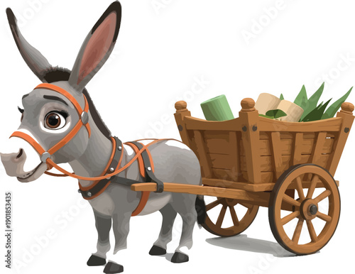 Adorable cartoon donkey pulling a wooden cart filled with fresh produce items
