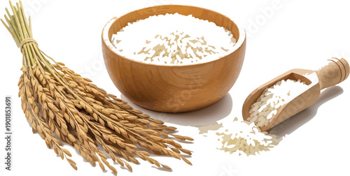 Bundles of rice grains and a bowl of white rice on display