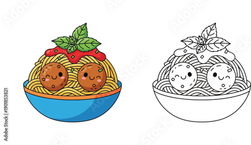 Cute kawaii spaghetti and meatballs characters in a bowl with basil, vector illustration featuring colored and black and white outline versions for coloring book page or kids menu design.