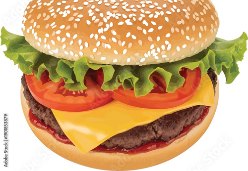 Juicy beef burger with melted cheese, fresh lettuce, and tomato on a toasted bun