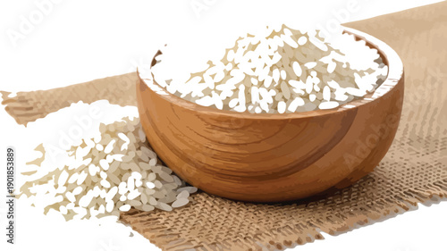 A wooden bowl filled with white rice on a burlap cloth surface