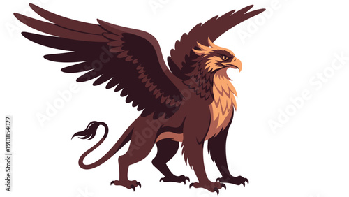 Majestic fantasy griffin illustration with spread wings. Mythical creature, eagle head, lion body, heroic beast, isolated on white background.