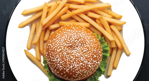 Delicious sesame seed burger and crispy french fries served on a white plate