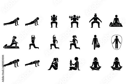 Collection of minimalist fitness and exercise icons showing various workout poses and activities including yoga stretching weightlifting and relaxation isolated