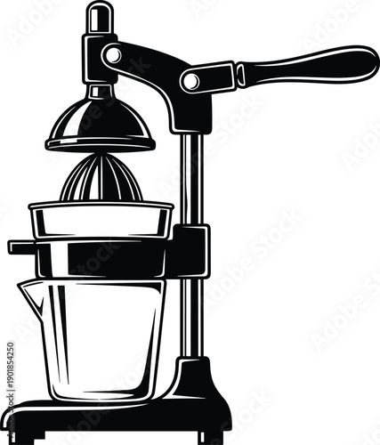 Vintage manual citrus juicer vector illustration, black and white hand press kitchen tool for squeezing fresh juice, isolated on white background for cafe design