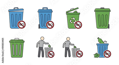 Recycling and waste management icons with people and trash cans emphasizing proper disposal and environmental conservation practices