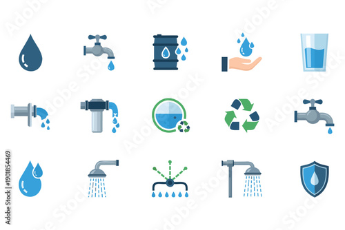 Colorful collection of water conservation and plumbing icons featuring taps faucets and droplets   recycling symbols and showerheads for ecofriendly and utilityrelated graphic design projects