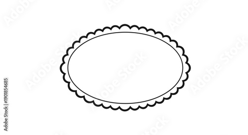 Minimalist black and white line art illustration of a simple oval frame with a delicate scalloped or ruffled edge on a white background.