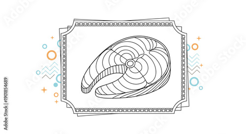 Hand drawn illustration of a fresh salmon steak slice placed inside a rectangular decorative frame with abstract colorful accents on white.
