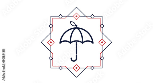 Minimalist umbrella icon enclosed in an ornate geometric frame with diamond shapes and dots for logos or decorative design symbols.