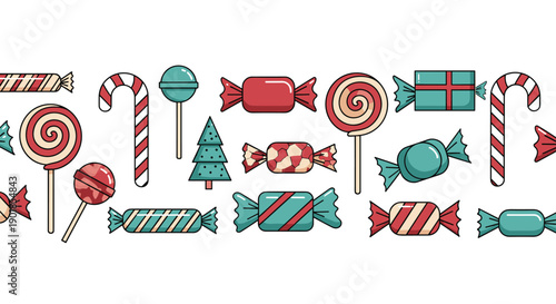 Colorful horizontal border featuring various Christmas treats like candy canes, lollipops, and wrapped sweets in a festive red and teal.