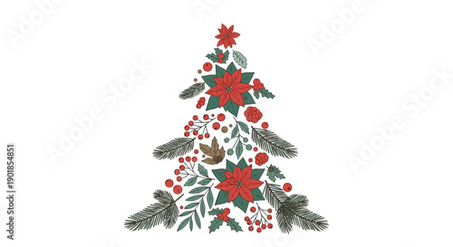 Unique Christmas tree design composed of poinsettias, pine branches, berries, and leaves in a festive holiday arrangement for cards.