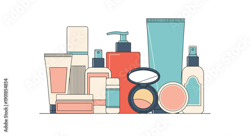 Group of various skin care and cosmetic containers including bottles, tubes, and compacts in a modern flat color palette and style.
