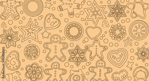 Festive pattern of various gingerbread cookies like people, stars, and hearts with white icing details on a warm tan background.