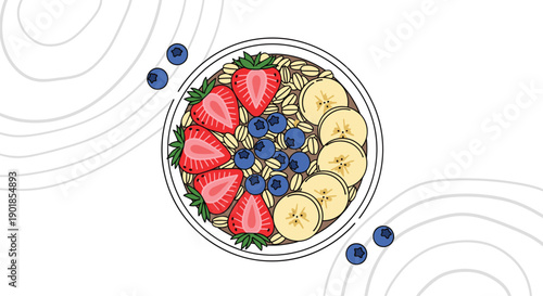 Healthy breakfast bowl with oatmeal topped with fresh strawberry slices, blueberries, and banana rounds in an illustrated style.