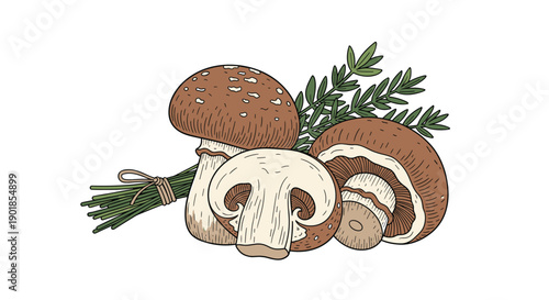 Collection of whole and sliced brown mushrooms with fresh green herbs and chives isolated on a white background in a hand-drawn style.