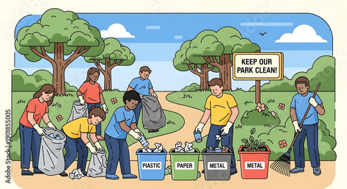 Group of people cleaning park with recycling bins and trash bags on sunny day